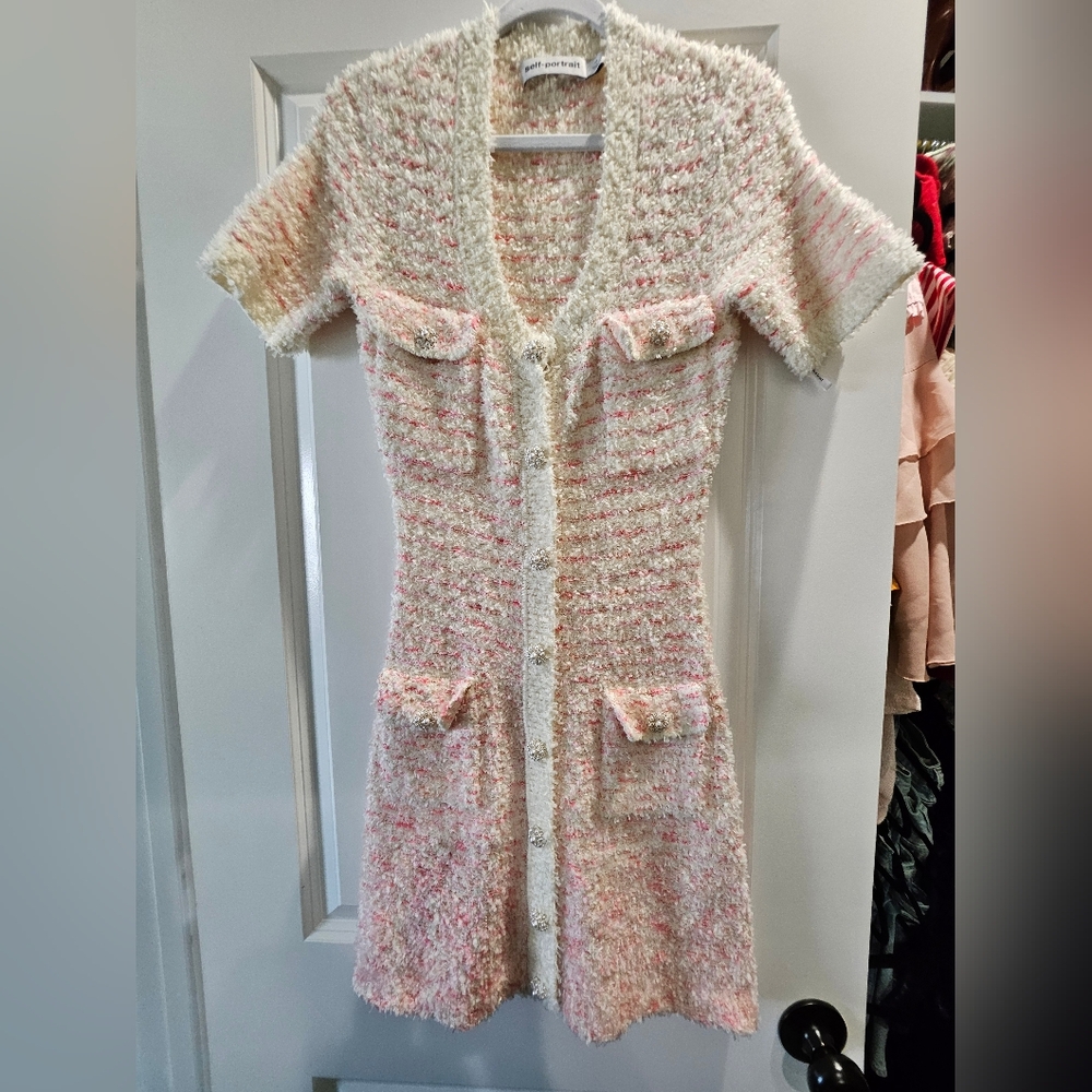 Self-portrait Cream and Pink Textured Knit Button Dress Medium